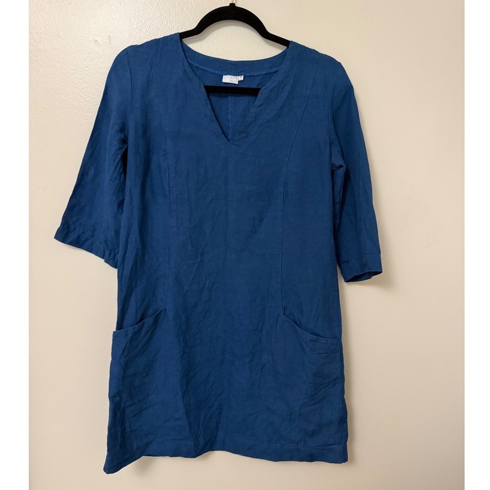 Len.Ok Blue 100% Linen V-Neck Tunic Dress with Pockets 3/4 Sleeve Small